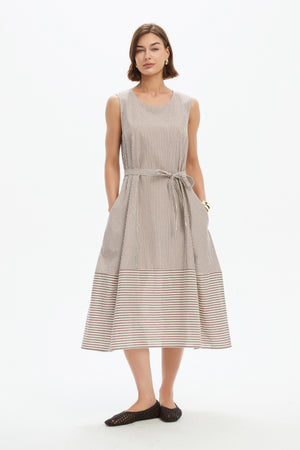 SLEEVELESS TIE BELT STRIPE DRESS