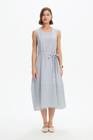 SLEEVELESS TIE BELT STRIPE DRESS