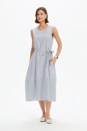 SLEEVELESS TIE BELT STRIPE DRESS
