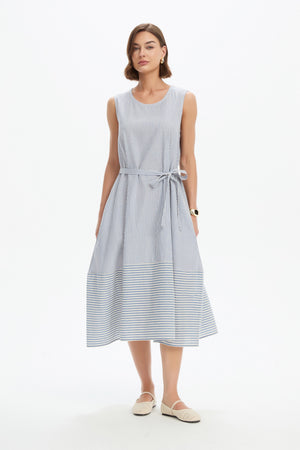 SLEEVELESS TIE BELT STRIPE DRESS