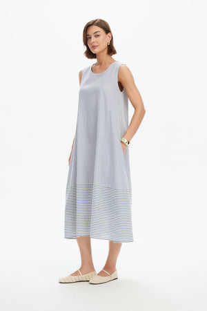 SLEEVELESS TIE BELT STRIPE DRESS