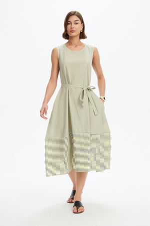 SLEEVELESS TIE BELT STRIPE DRESS