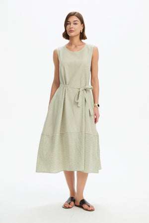 SLEEVELESS TIE BELT STRIPE DRESS