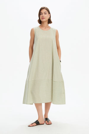 SLEEVELESS TIE BELT STRIPE DRESS