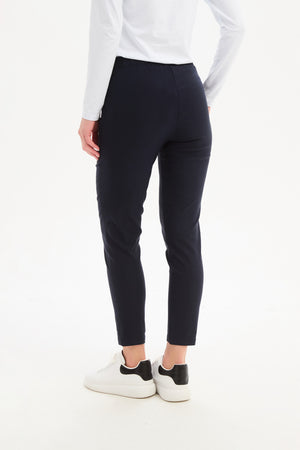 Women’s Straight Crop Leg Pants. High Ankle, Mid-rise & Elastic Waist navy