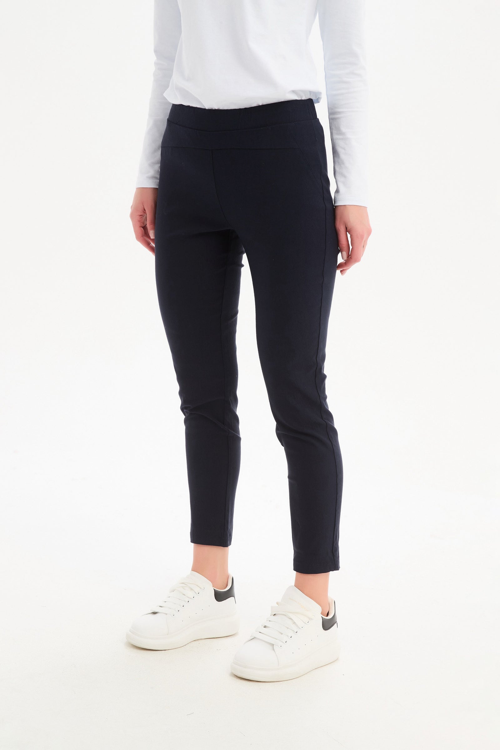 Women’s Straight Crop Leg Pants. High Ankle, Mid-rise & Elastic Waist