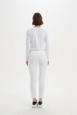 Women’s Straight Crop Leg Pants. High Ankle, Mid-rise & Elastic Waist white 6