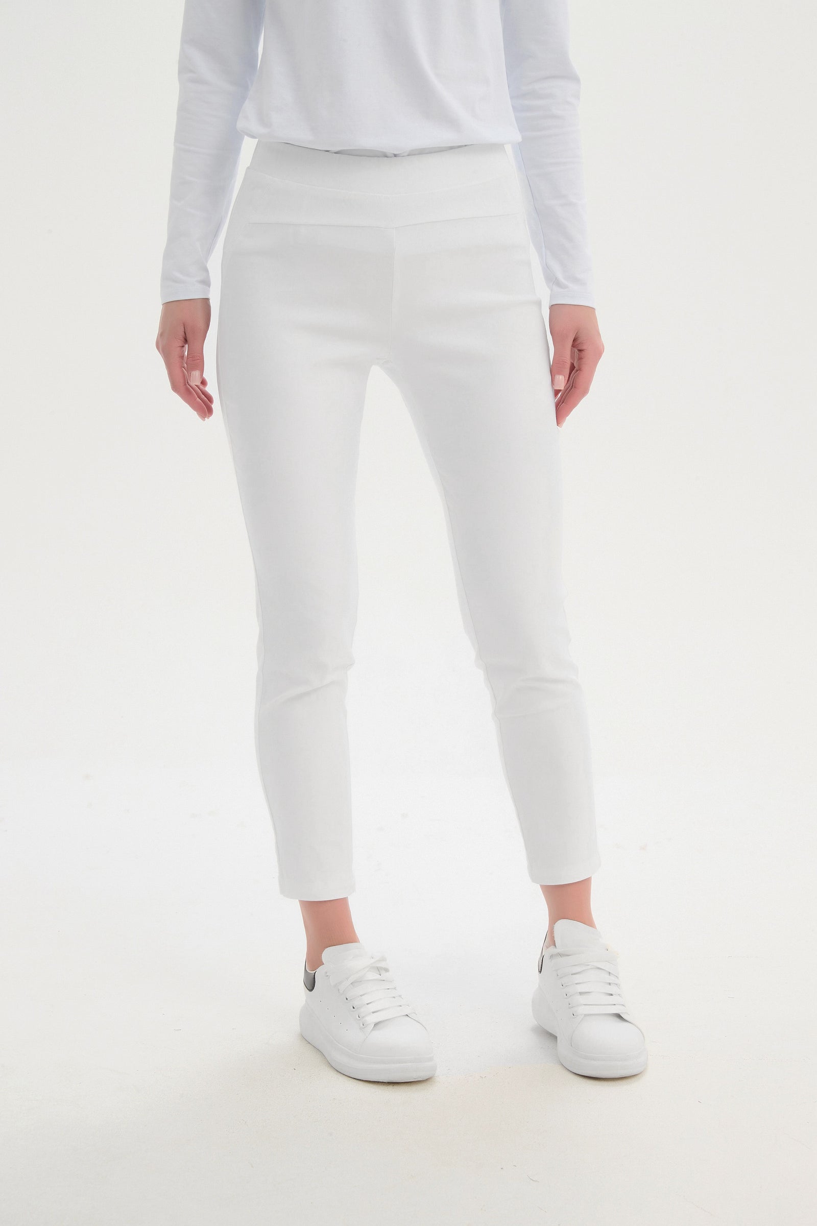 Women’s Straight Crop Leg Pants. High Ankle, Mid-rise & Elastic Waist white