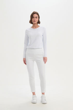 Women’s Straight Crop Leg Pants. High Ankle, Mid-rise & Elastic Waist white 3
