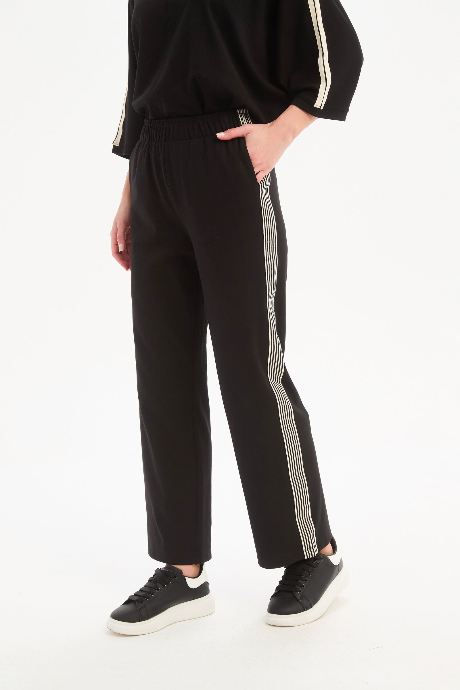 Straight Leg Lounge Pants | Women's Mid-High Rise Striped Sweatpant
black side