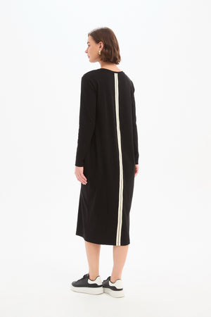 Long Sleeve Cotton Midi Dresses,  Women’s Stripe Back Ovoid Dress Black back