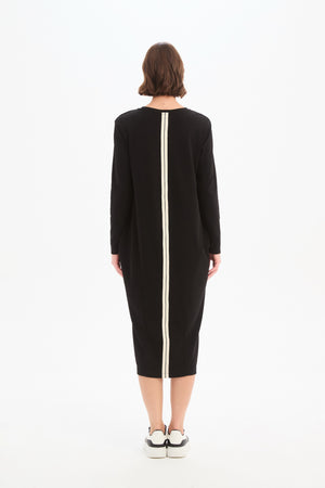 Long Sleeve Cotton Midi Dresses,  Women’s Stripe Back Ovoid Dress black back stripe