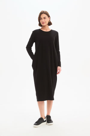 Long Sleeve Cotton Midi Dresses,  Women’s Stripe Back Ovoid Dress black front