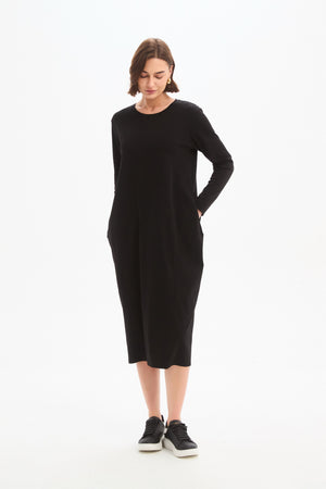 Long Sleeve Cotton Midi Dresses,  Women’s Stripe Back Ovoid Dress black with pockets