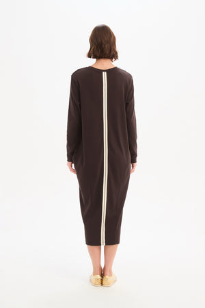 Long Sleeve Cotton Midi Dresses,  Women’s Stripe Back Ovoid Dress Chocolate back stripe