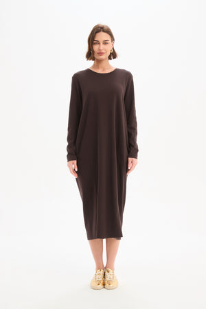 Long Sleeve Cotton Midi Dresses,  Women’s Stripe Back Ovoid Dress Chocolate front 2