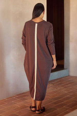Long Sleeve Cotton Midi Dresses,  Women’s Stripe Back Ovoid Dress Chocolate back
