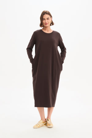 Long Sleeve Cotton Midi Dresses,  Women’s Stripe Back Ovoid Dress Chocolate pockets