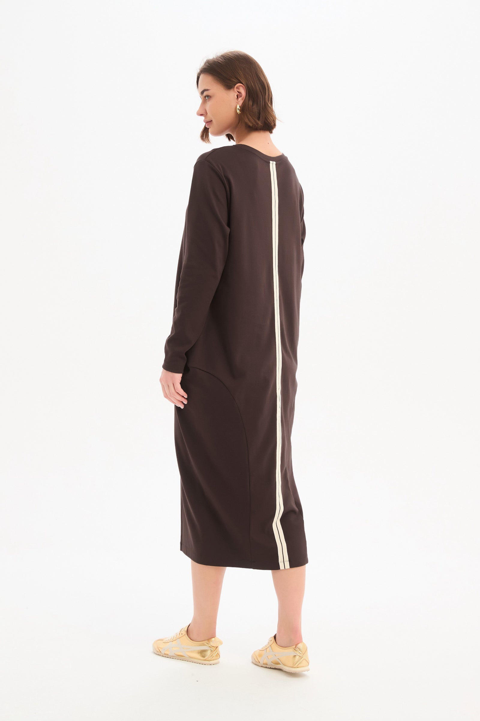 Long Sleeve Cotton Midi Dresses,  Women’s Stripe Back Ovoid Dress Chocolate back