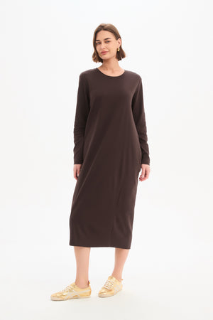 Long Sleeve Cotton Midi Dresses,  Women’s Stripe Back Ovoid Dress Chocolate front