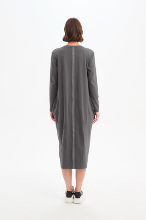 Long Sleeve Cotton Midi Dresses,  Women’s Stripe Back Ovoid Dress grey back 2