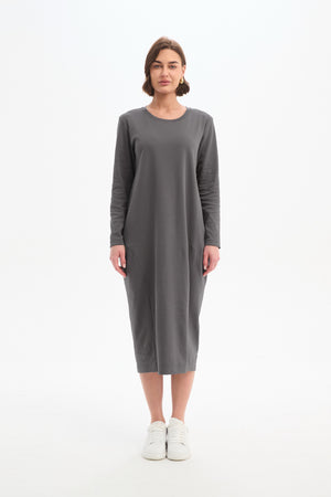Long Sleeve Cotton Midi Dresses,  Women’s Stripe Back Ovoid Dress grey front