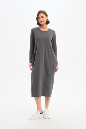 Long Sleeve Cotton Midi Dresses,  Women’s Stripe Back Ovoid Dress grey front