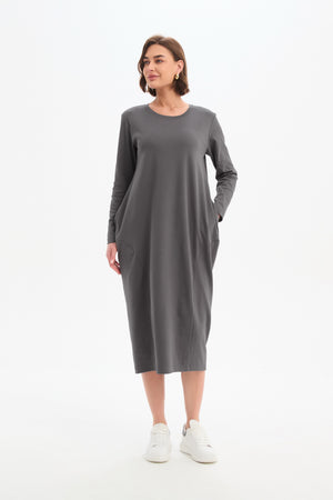 Long Sleeve Cotton Midi Dresses,  Women’s Stripe Back Ovoid Dress grey front pockets
