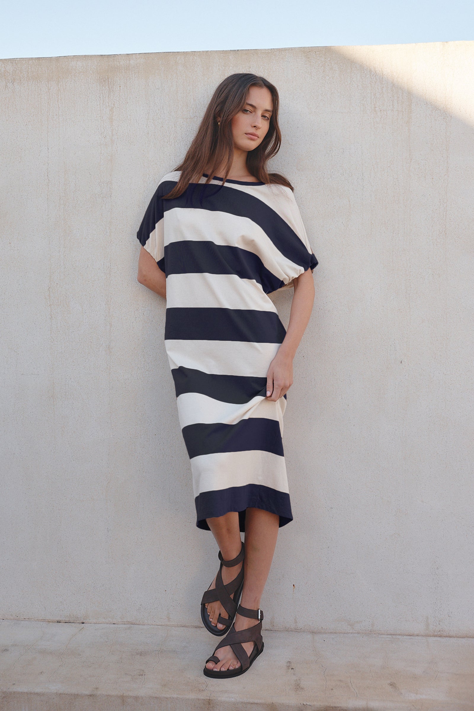 STRIPE BUBBLE SLEEVE DRESS