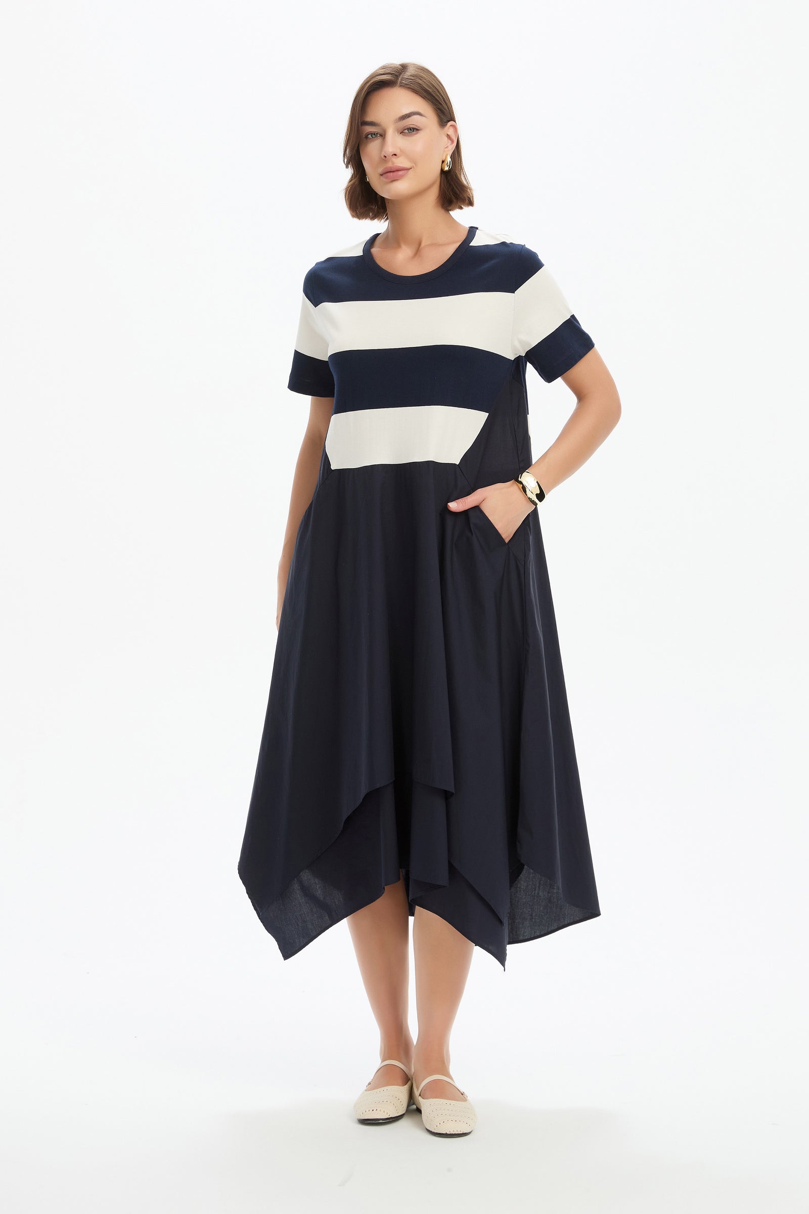 STRIPE HANKY HEM COMBI DRESS