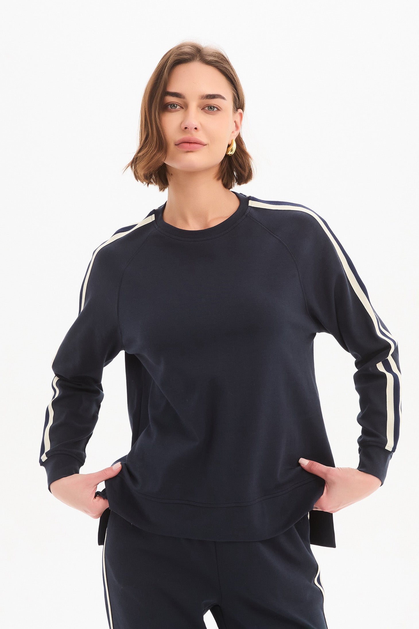 Women's Long Sleeve Cotton Sweatshirt, Striped Sweat Top Navy Front