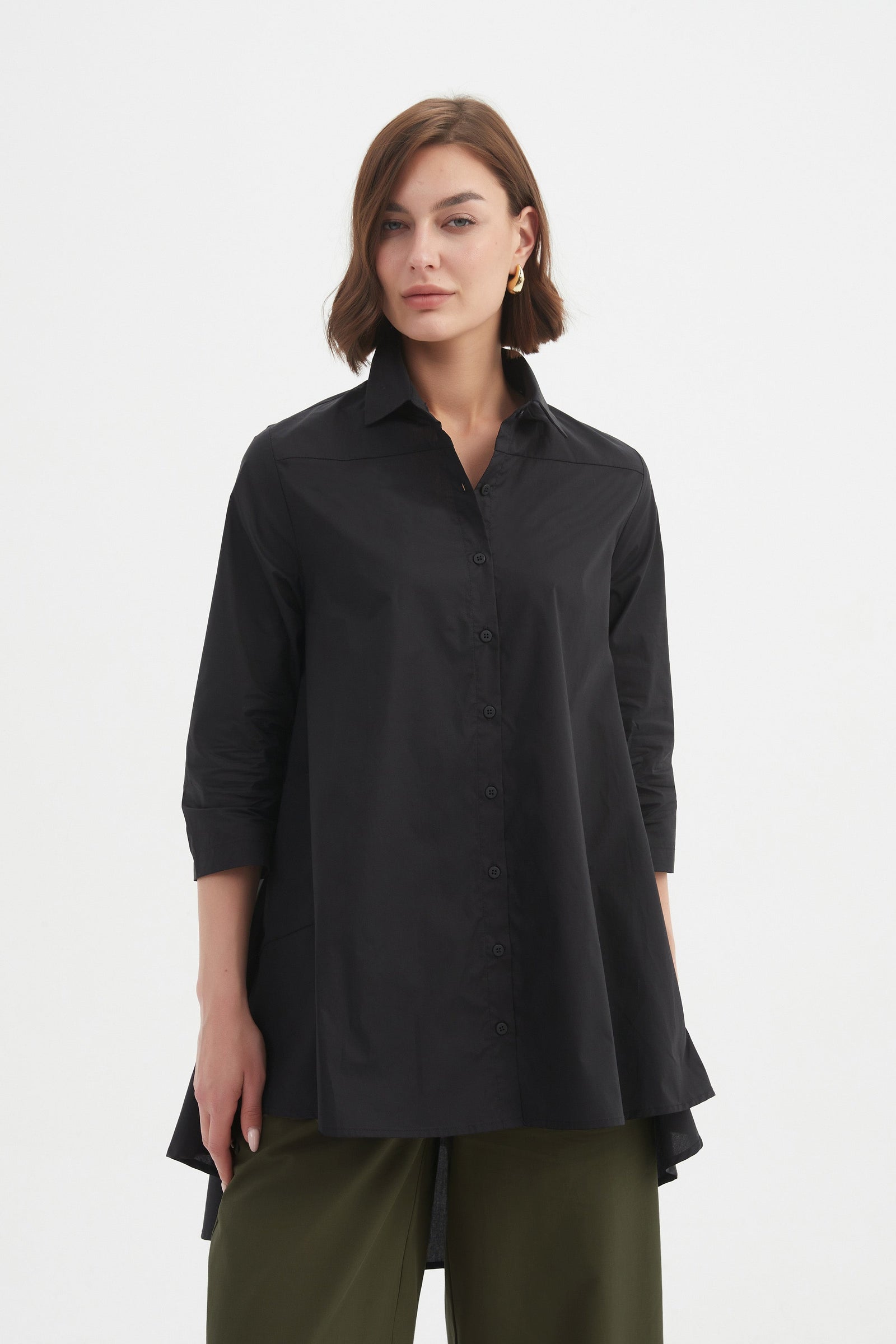 Women’s Cotton Button Up 3/4 Sleeve Swing Back Shirt Black