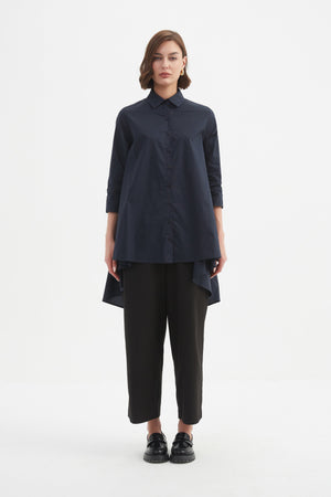 Women’s Cotton Button Up 3/4 Sleeve Swing Back Shirt Navy Front 3