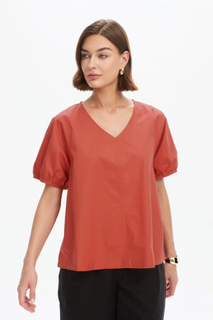 BISHOP SLEEVE POPLIN TOP clay red