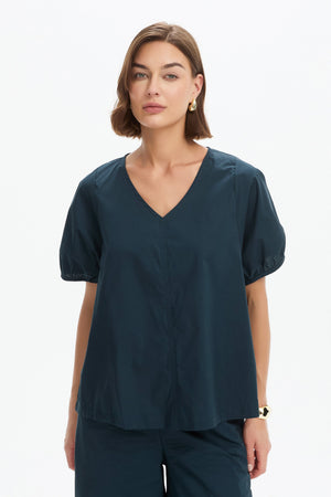 BISHOP SLEEVE POPLIN TOP ocean blue