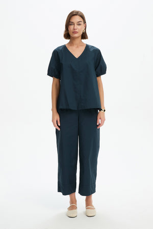 BISHOP SLEEVE POPLIN TOP ocean blue full front