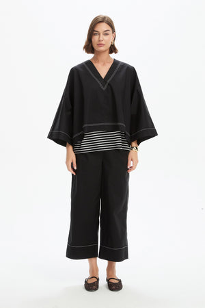 V NECK CONTRAST TOP black full front
