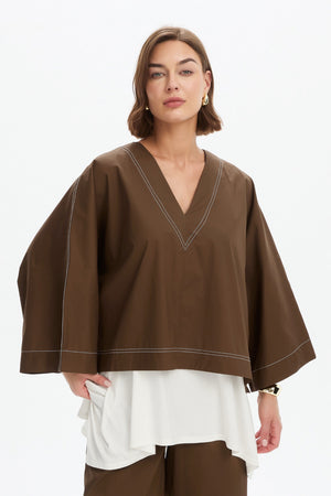V NECK CONTRAST TOP chocolate angle
