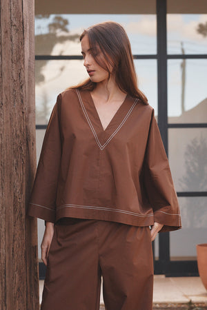 V NECK CONTRAST TOP chocolate