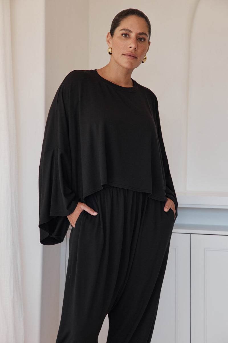 Women’s Cropped Oversized Layer Winter Jersey Tops Black