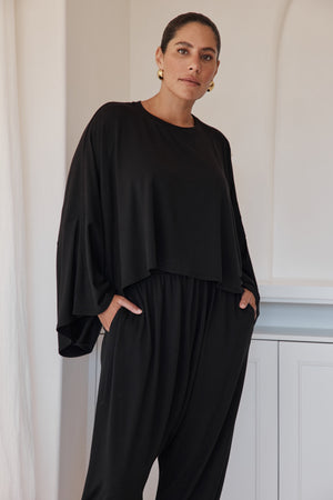 Women’s Cropped Oversized Layer Winter Jersey Tops Black