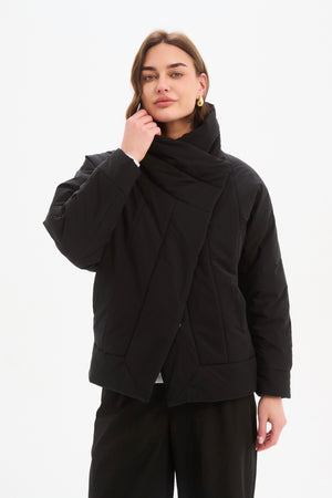 Women's Wrap Front Puffer Jacket | Quilted High Neck Down Jackets Black