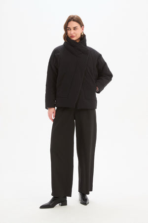 Women's Wrap Front Puffer Jacket | Quilted High Neck Down Jackets Black Front 2