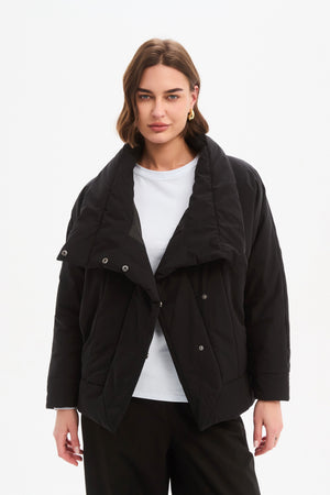 Women's Wrap Front Puffer Jacket | Quilted High Neck Down Jackets Black Front