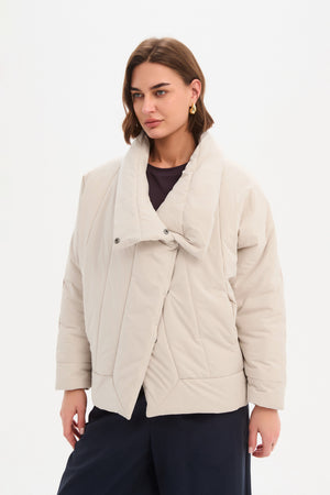 Women's Wrap Front Puffer Jacket | Quilted High Neck Down Jackets Cream front