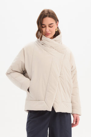 Women's Wrap Front Puffer Jacket | Quilted High Neck Down Jackets Cream