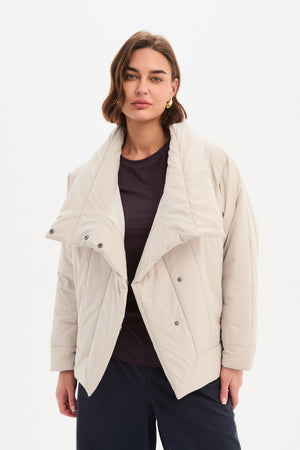 Women's Wrap Front Puffer Jacket | Quilted High Neck Down Jackets Cream Unzipped