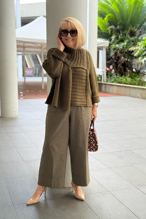 Long Sleeve Zip Collar Cardigan & Merino Knit Cardi Khaki front