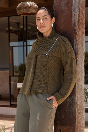 Long Sleeve Zip Collar Cardigan & Merino Knit Cardi Khaki side