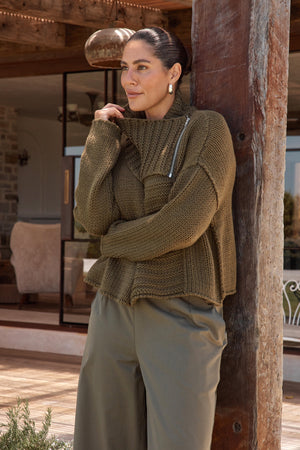 Long Sleeve Zip Collar Cardigan & Merino Knit Cardi Khaki zipped